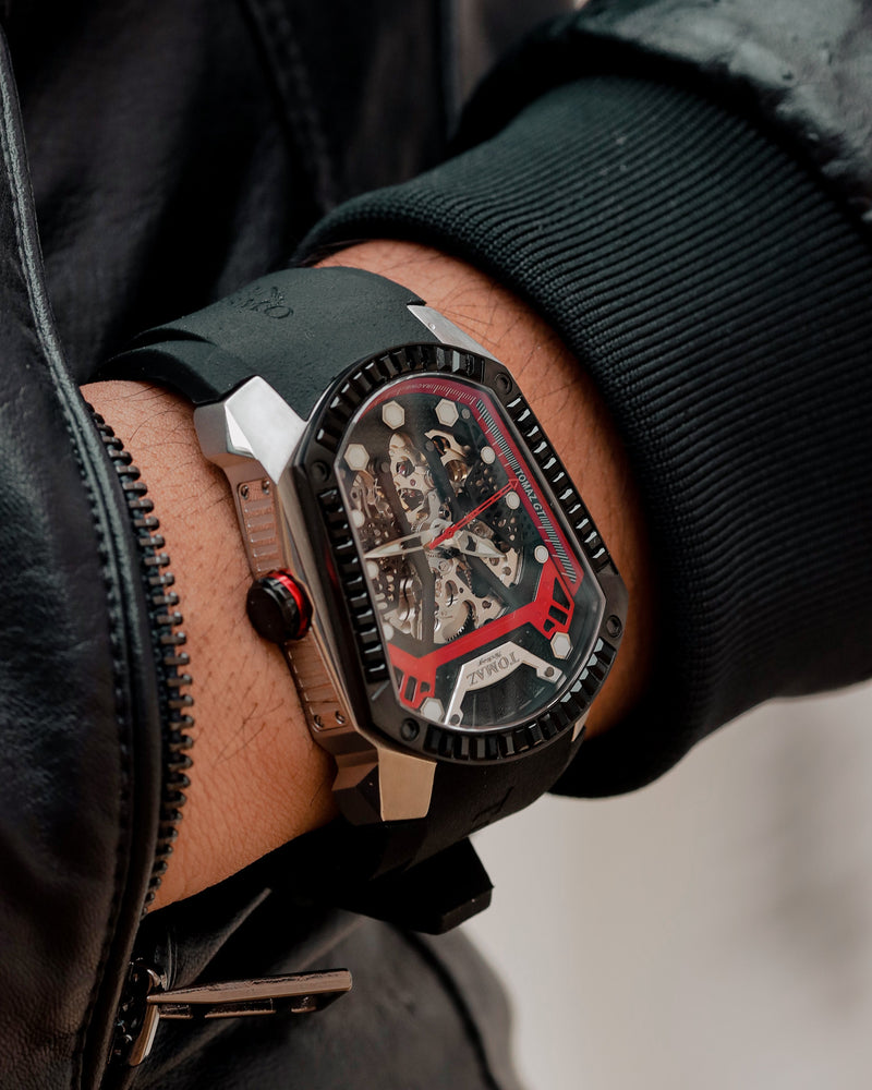 
                  
                    Load image into Gallery viewer, GT Skeleton TW028-D1 (Black/Red) with Black Swarovski (Black Rubber Strap)
                  
                