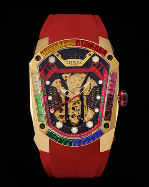 
                  
                    Load image into Gallery viewer, GT Skeleton TW028-D24 (Gold) with Rainbow Swarovski (Red Rubber Strap)
                  
                