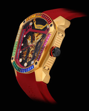 
                  
                    Load image into Gallery viewer, GT Skeleton TW028-D24 (Gold) with Rainbow Swarovski (Red Rubber Strap)
                  
                