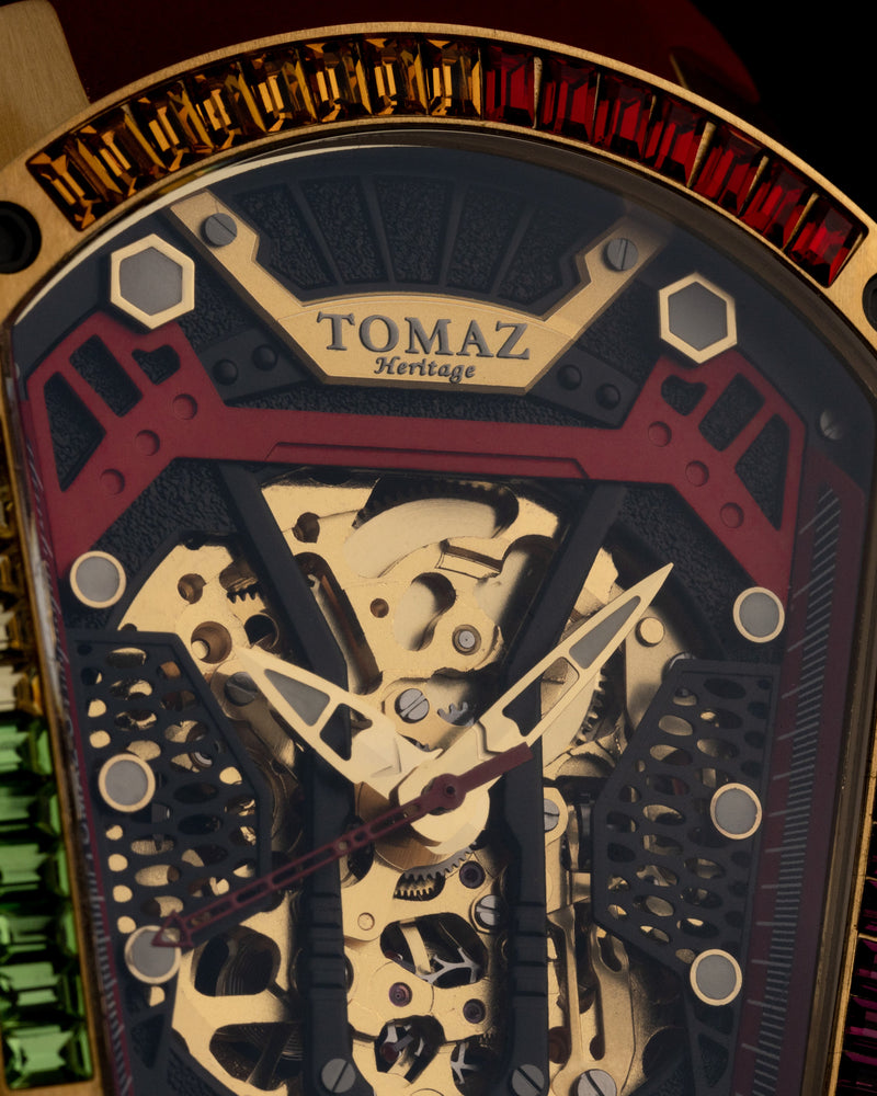 
                  
                    Load image into Gallery viewer, GT Skeleton TW028-D24 (Gold) with Rainbow Swarovski (Red Rubber Strap)
                  
                