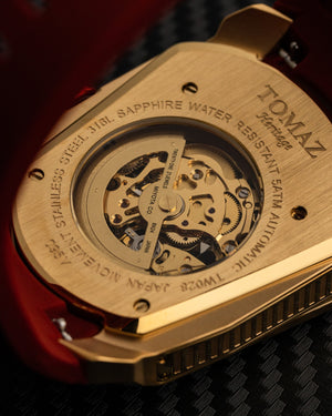 
                  
                    Load image into Gallery viewer, GT Skeleton TW028-D24 (Gold) with Rainbow Swarovski (Red Rubber Strap)
                  
                