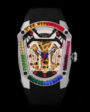 
                  
                    Load image into Gallery viewer, GT Skeleton TW028-D25 (Silver) with Rainbow Swarovski (Black Rubber Strap)
                  
                