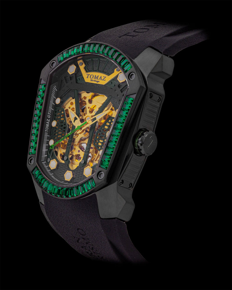 
                  
                    Load image into Gallery viewer, GT Skeleton TW028-D26 (Black) with Green Swarovski (Black Rubber Strap)
                  
                