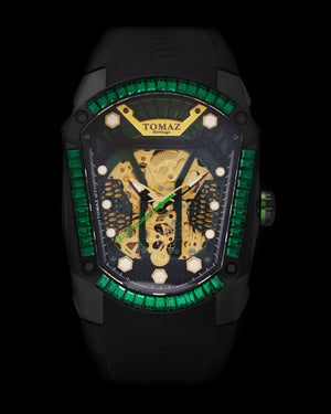 
                  
                    Load image into Gallery viewer, GT Skeleton TW028-D26 (Black) with Green Swarovski (Black Rubber Strap)
                  
                