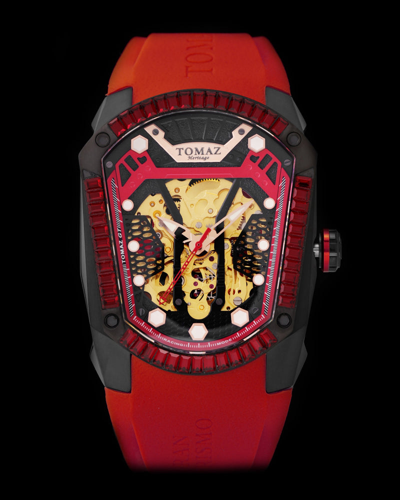 
                  
                    Load image into Gallery viewer, GT Skeleton TW028-D4 (Black/Red) with Red Swarovski (Red Rubber Strap)
                  
                