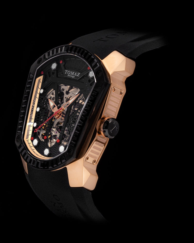 
                  
                    Load image into Gallery viewer, GT Skeleton TW028-D8 (Rosegold/Black) with Black Swarovski (Black Rubber Strap)
                  
                