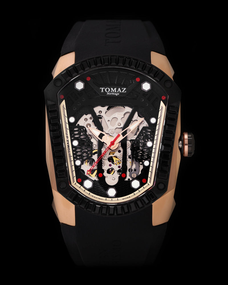 
                  
                    Load image into Gallery viewer, GT Skeleton TW028-D8 (Rosegold/Black) with Black Swarovski (Black Rubber Strap)
                  
                