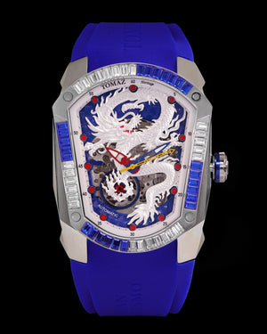 
                  
                    Load image into Gallery viewer, GT Dragon TW028E-D7 (Silver/White) with White &amp;amp; Blue Swarovski (Blue Rubber Strap)
                  
                