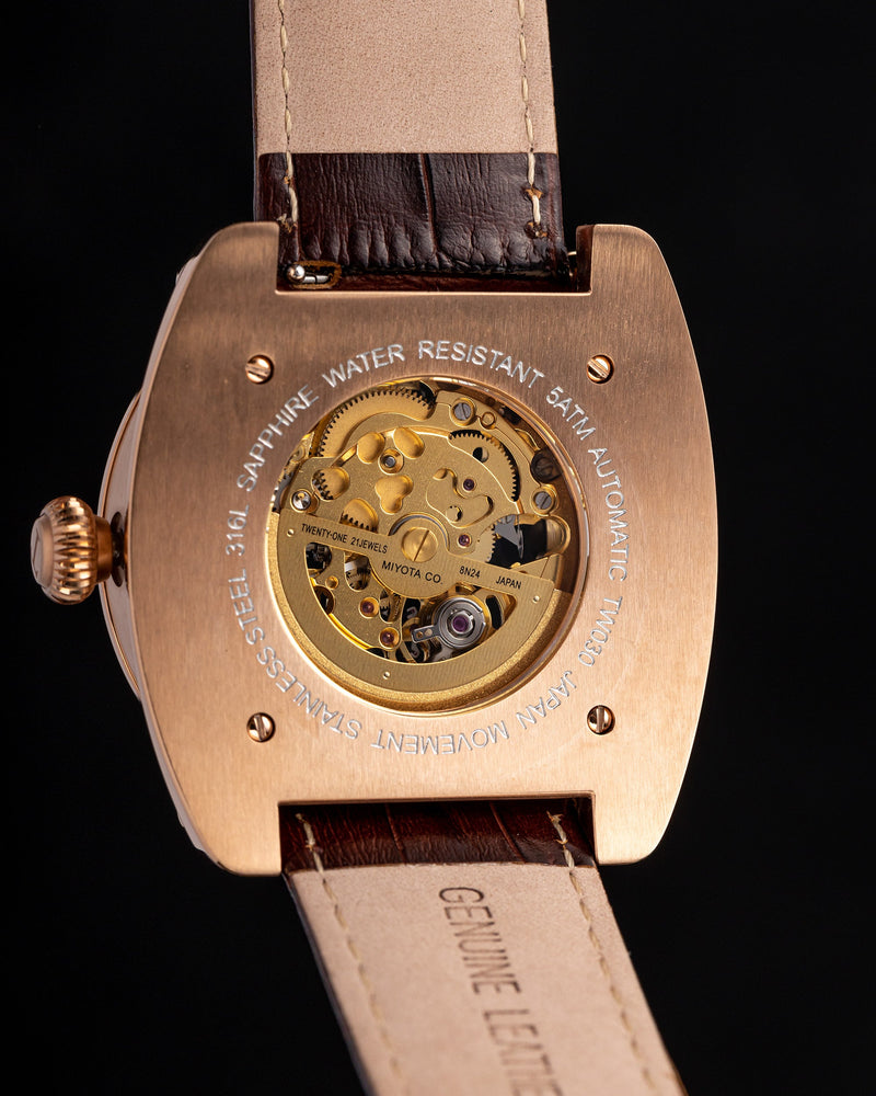 
                  
                    Load image into Gallery viewer, Xavier Automatic TW030-D10 (Rosegold/Black) Coffee Bamboo Leather Strap
                  
                