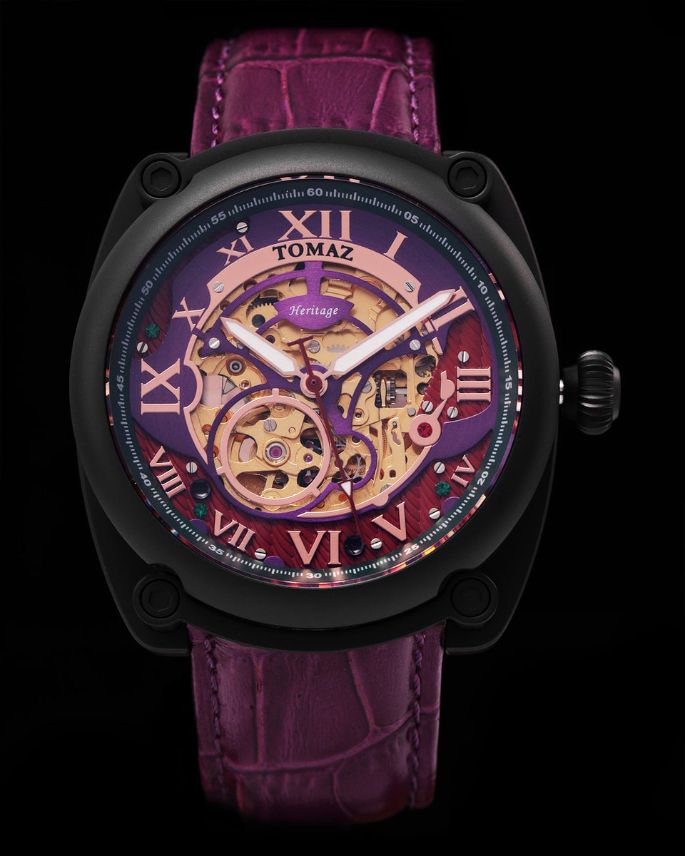 Xavier Automatic TW030-D15 (Black/Purple) Purple Bamboo Leather Strap ...