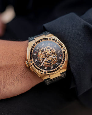 
                  
                    Load image into Gallery viewer, Xavier XL TW033-D11 (Gold/Black) with Black Swarovski (Black Leather Strap)
                  
                