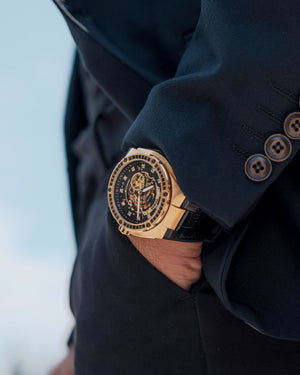 
                  
                    Load image into Gallery viewer, Xavier XL TW033-D11 (Gold/Black) with Black Swarovski (Black Leather Strap)
                  
                