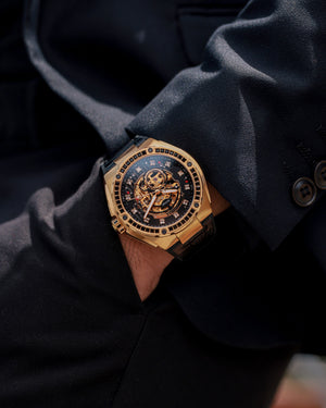 
                  
                    Load image into Gallery viewer, Xavier XL TW033-D11 (Gold/Black) with Black Swarovski (Black Leather Strap)
                  
                