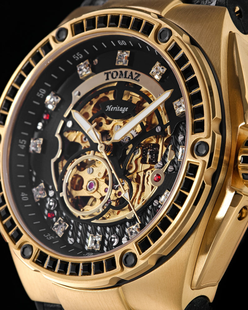 
                  
                    Load image into Gallery viewer, Xavier XL TW033-D11 (Gold/Black) with Black Swarovski (Black Leather Strap)
                  
                