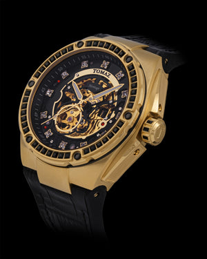 
                  
                    Load image into Gallery viewer, Xavier XL TW033-D11 (Gold/Black) with Black Swarovski (Black Leather Strap)
                  
                