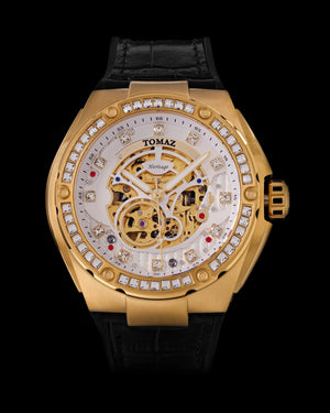 
                  
                    Load image into Gallery viewer, Xavier XL TW033-D12 (Gold/White) with White Swarovski (Black Leather Strap)
                  
                