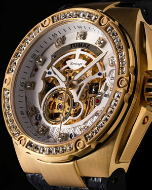 
                  
                    Load image into Gallery viewer, Xavier XL TW033-D12 (Gold/White) with White Swarovski (Black Leather Strap)
                  
                