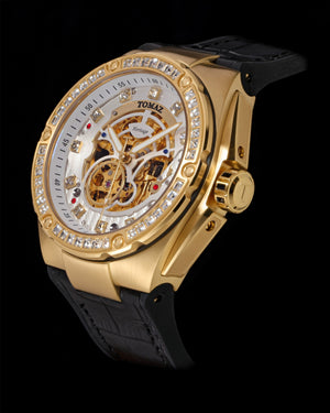 
                  
                    Load image into Gallery viewer, Xavier XL TW033-D12 (Gold/White) with White Swarovski (Black Leather Strap)
                  
                