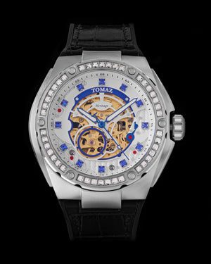 
                  
                    Load image into Gallery viewer, Xavier XL TW033-D13 (Silver/White) with White Swarovski (Black Leather Strap)
                  
                