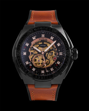 
                  
                    Load image into Gallery viewer, Xavier XL TW033-D14 (Matte Black) with Black Swarovski (Brown Leather Strap)
                  
                