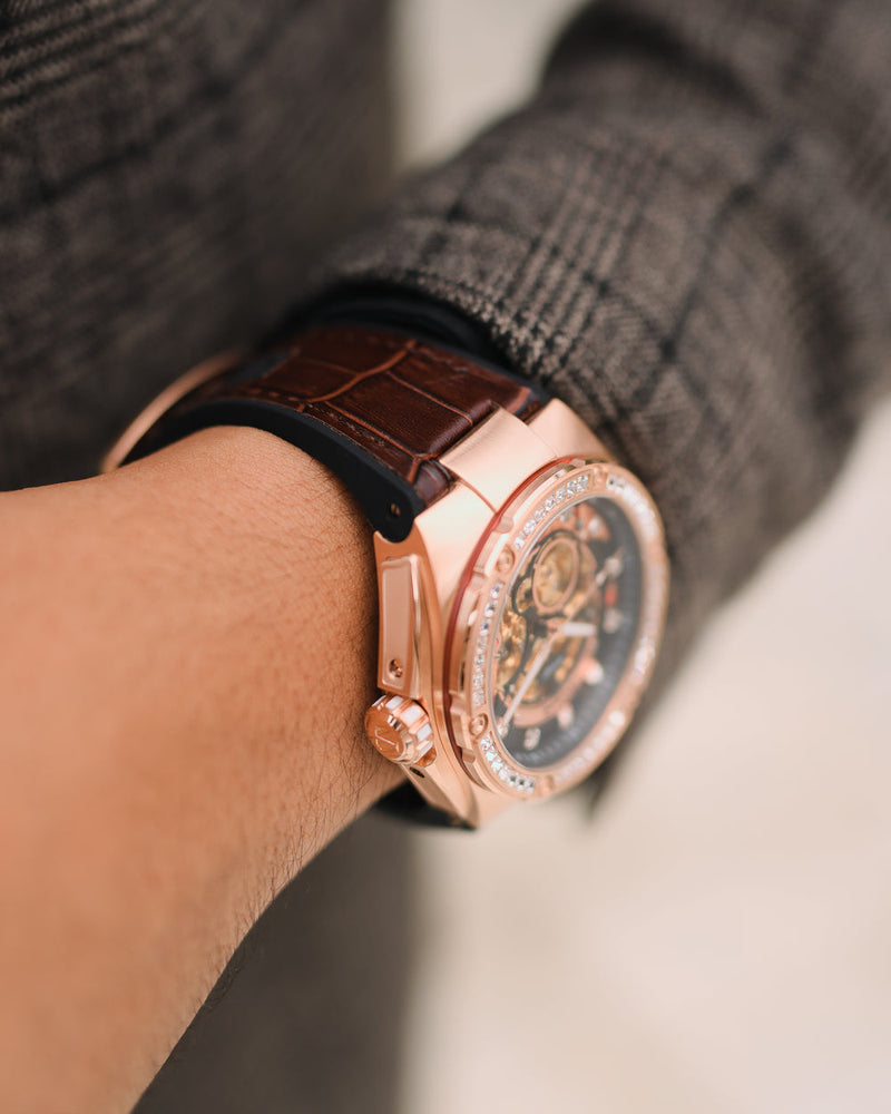 
                  
                    Load image into Gallery viewer, Xavier XL TW033-D15A (Rosegold/Black) with White Swarovski (Coffee Leather Strap)
                  
                