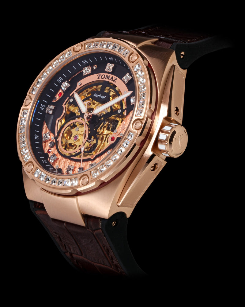 
                  
                    Load image into Gallery viewer, Xavier XL TW033-D15A (Rosegold/Black) with White Swarovski (Coffee Leather Strap)
                  
                