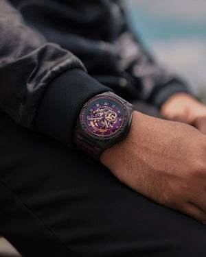 
                  
                    Load image into Gallery viewer, Xavier XL TW033-D1A (Black/Purple) with Purple Swarovski (Purple Bamboo Leather Strap)
                  
                