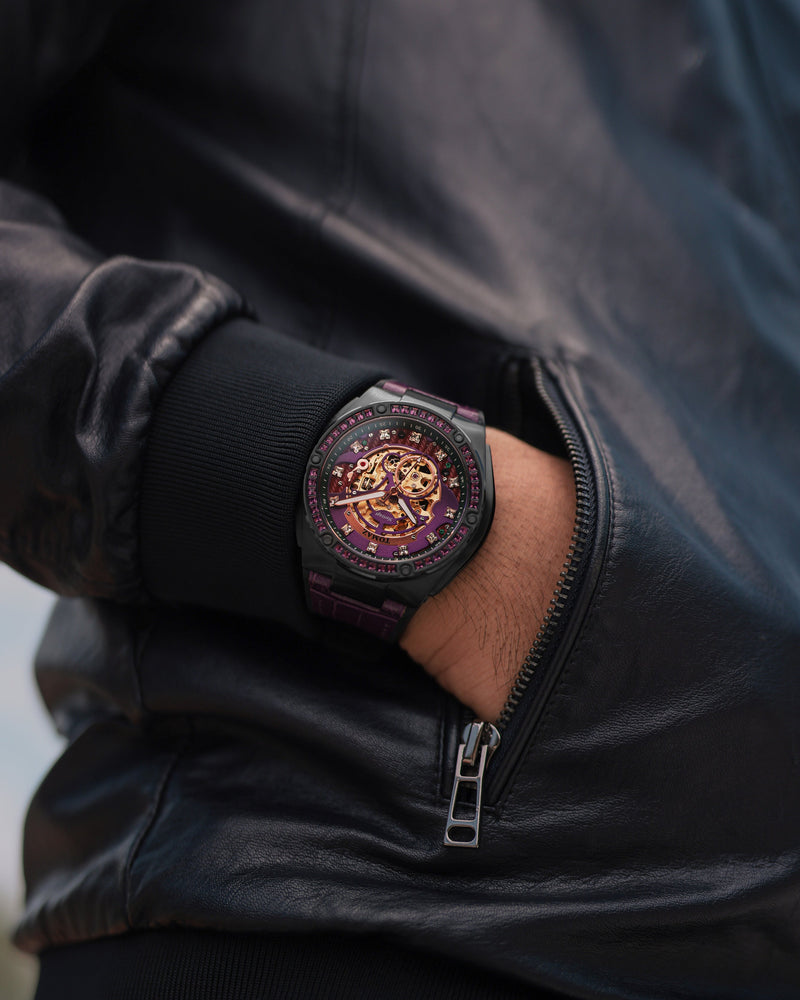 
                  
                    Load image into Gallery viewer, Xavier XL TW033-D1A (Black/Purple) with Purple Swarovski (Purple Bamboo Leather Strap)
                  
                