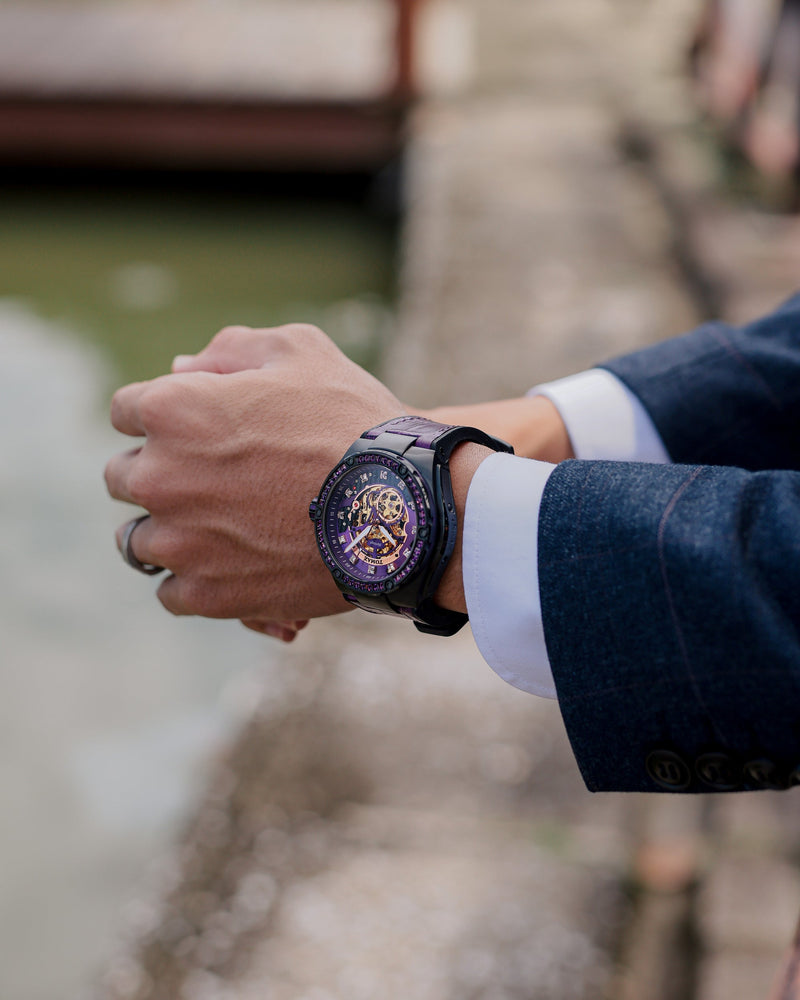 
                  
                    Load image into Gallery viewer, Xavier XL TW033-D2 (Black/Purple) with Purple Swarovski (Purple Bamboo Leather Strap)
                  
                