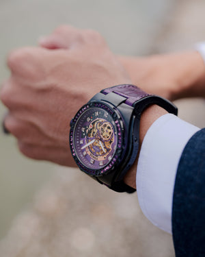 
                  
                    Load image into Gallery viewer, Xavier XL TW033-D2 (Black/Purple) with Purple Swarovski (Purple Bamboo Leather Strap)
                  
                