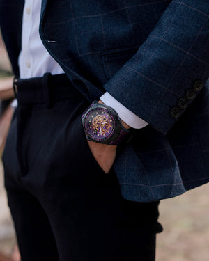 
                  
                    Load image into Gallery viewer, Xavier XL TW033-D2 (Black/Purple) with Purple Swarovski (Purple Bamboo Leather Strap)
                  
                