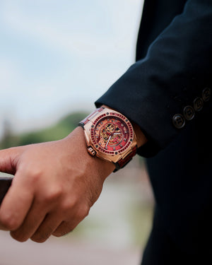 
                  
                    Load image into Gallery viewer, Xavier XL TW033-D3 (Rosegold/Red) with Red Swarovski (Red Bamboo Leather Strap)
                  
                