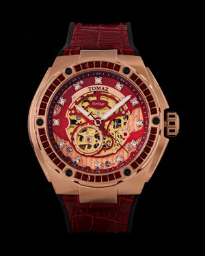 
                  
                    Load image into Gallery viewer, Xavier XL TW033-D3 (Rosegold/Red) with Red Swarovski (Red Bamboo Leather Strap)
                  
                