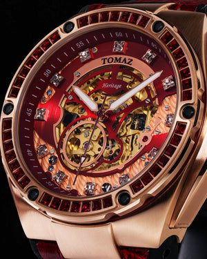 
                  
                    Load image into Gallery viewer, Xavier XL TW033-D3 (Rosegold/Red) with Red Swarovski (Red Bamboo Leather Strap)
                  
                