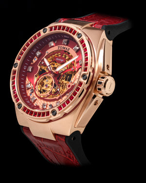 
                  
                    Load image into Gallery viewer, Xavier XL TW033-D3 (Rosegold/Red) with Red Swarovski (Red Bamboo Leather Strap)
                  
                