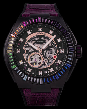 
                  
                    Load image into Gallery viewer, Xavier XL TW033-D4 (Black) with Rainbow Swarovski (Purple Bamboo Leather Strap)
                  
                