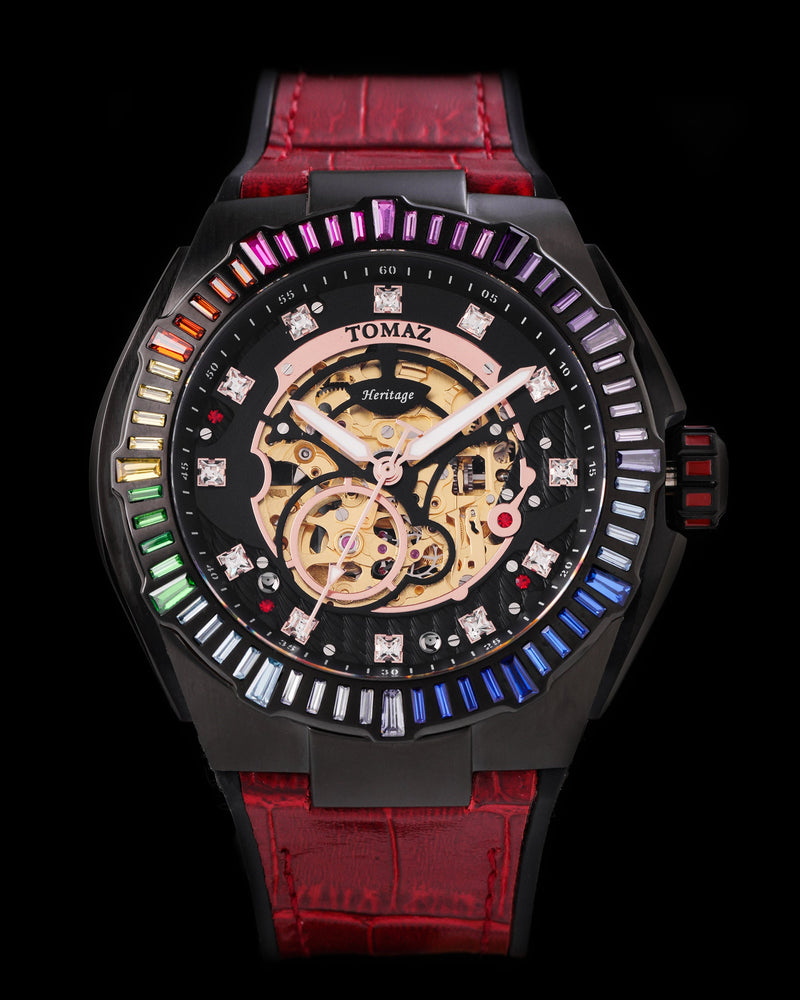 Xavier XL TW033-D5 (Black) with Rainbow Swarovski (Red Bamboo Leather Strap)