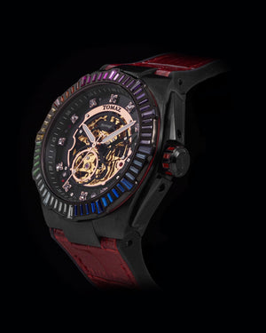 
                  
                    Load image into Gallery viewer, Xavier XL TW033-D5 (Black) with Rainbow Swarovski (Red Bamboo Leather Strap)
                  
                