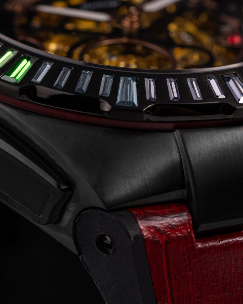 
                  
                    Load image into Gallery viewer, Xavier XL TW033-D5 (Black) with Rainbow Swarovski (Red Bamboo Leather Strap)
                  
                