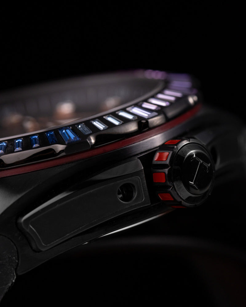 
                  
                    Load image into Gallery viewer, Xavier XL TW033-D5 (Black) with Rainbow Swarovski (Red Bamboo Leather Strap)
                  
                