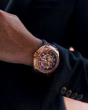 
                  
                    Load image into Gallery viewer, Xavier XL TW033-D6 (Gold/Purple) with Purple Swarovski (Purple Bamboo Leather  Strap)
                  
                