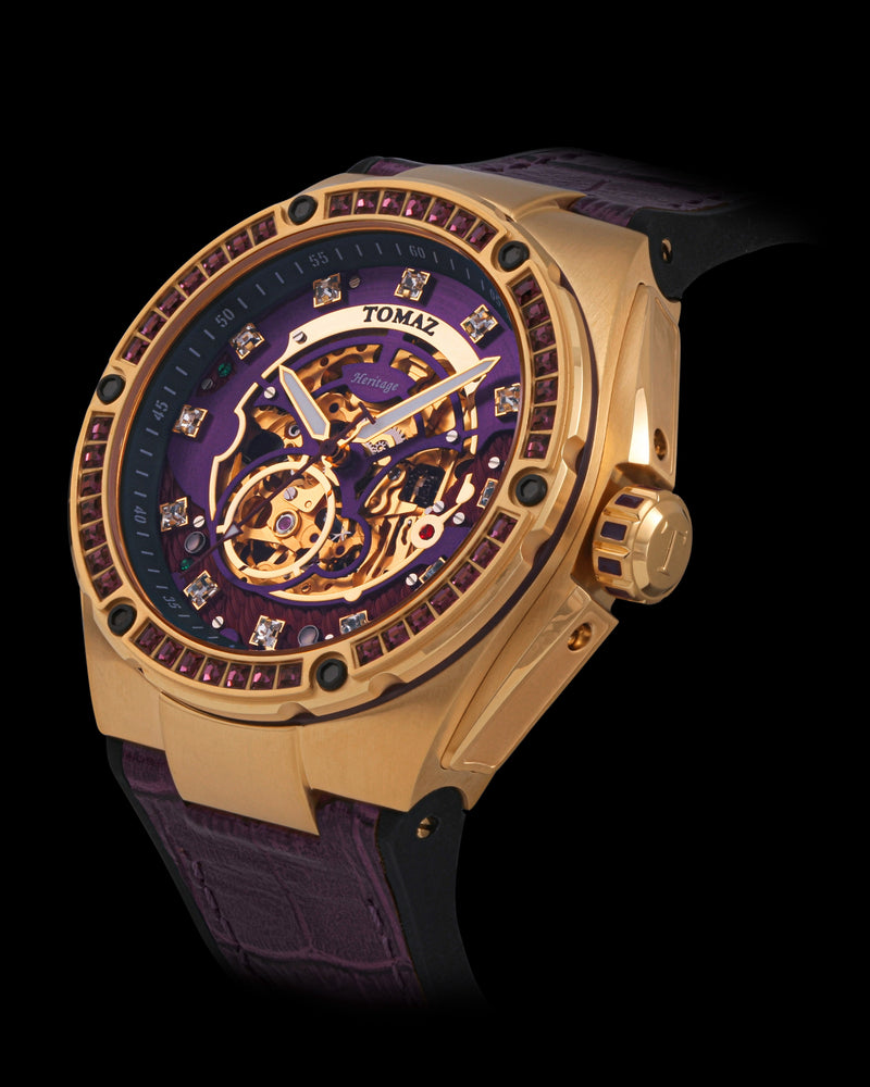 
                  
                    Load image into Gallery viewer, Xavier XL TW033-D6 (Gold/Purple) with Purple Swarovski (Purple Bamboo Leather  Strap)
                  
                