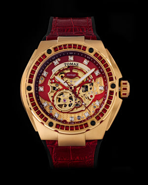 
                  
                    Load image into Gallery viewer, Xavier XL TW033-D7 (Gold/Red) with Red Swarovski (Red Bamboo Leather Strap)
                  
                