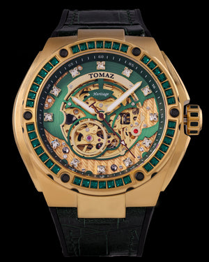 
                  
                    Load image into Gallery viewer, Xavier XL TW033-D8 (Gold/Green) with Green Swarovski (Green Bamboo Leather Strap)
                  
                