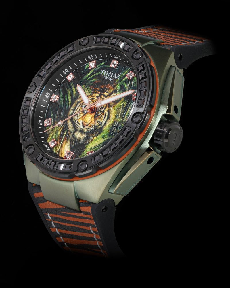 
                  
                    Load image into Gallery viewer, Harimau Limited Edition TW035-D2 (Black) with Green Tiger &amp;amp; Black Swarovski (Tigerstripe Rubber with Leather Strap)
                  
                