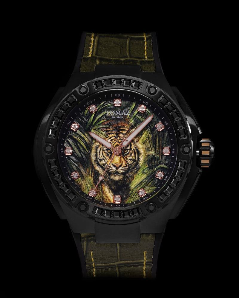 Harimau Limited Edition TW035-D4 (Black) with Black Tiger & Swarovski (Green Bamboo Rubber with Leather Strap)
