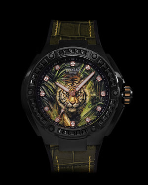 
                  
                    Load image into Gallery viewer, Harimau Limited Edition TW035-D4 (Black) with Black Tiger &amp;amp; Swarovski (Green Bamboo Rubber with Leather Strap)
                  
                