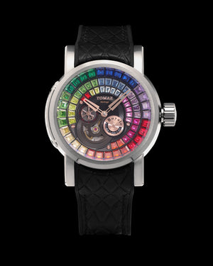 
                  
                    Load image into Gallery viewer, King TW036-D12 (Silver/Rosegold) with Rainbow Zirconia Crystal (Black Silicone with Leather Strap)
                  
                