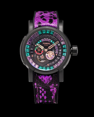 
                  
                    Load image into Gallery viewer, King TW036-D17 (Black) with Purple Green Black Zirconia Crystal (Purple Silicone with Leather Strap)
                  
                