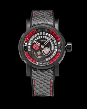 
                  
                    Load image into Gallery viewer, King TW036-D19 (Black) with Black Red Silver Zirconia Crystal (Silver Silicone with Leather Strap)
                  
                